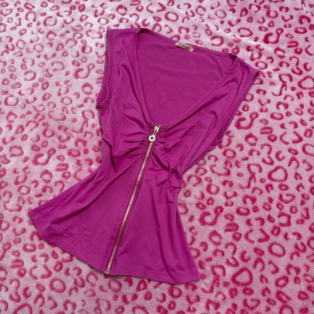 Papaya Y2K Magenta Pink Ruched Center Full Zipper Sleeveless Top Size Medium